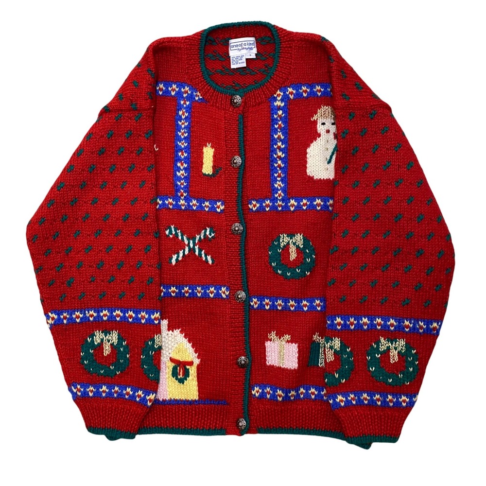 One of a Kind Shirley Duffy Wool Holiday Cardigan Vintage Red Sweater M